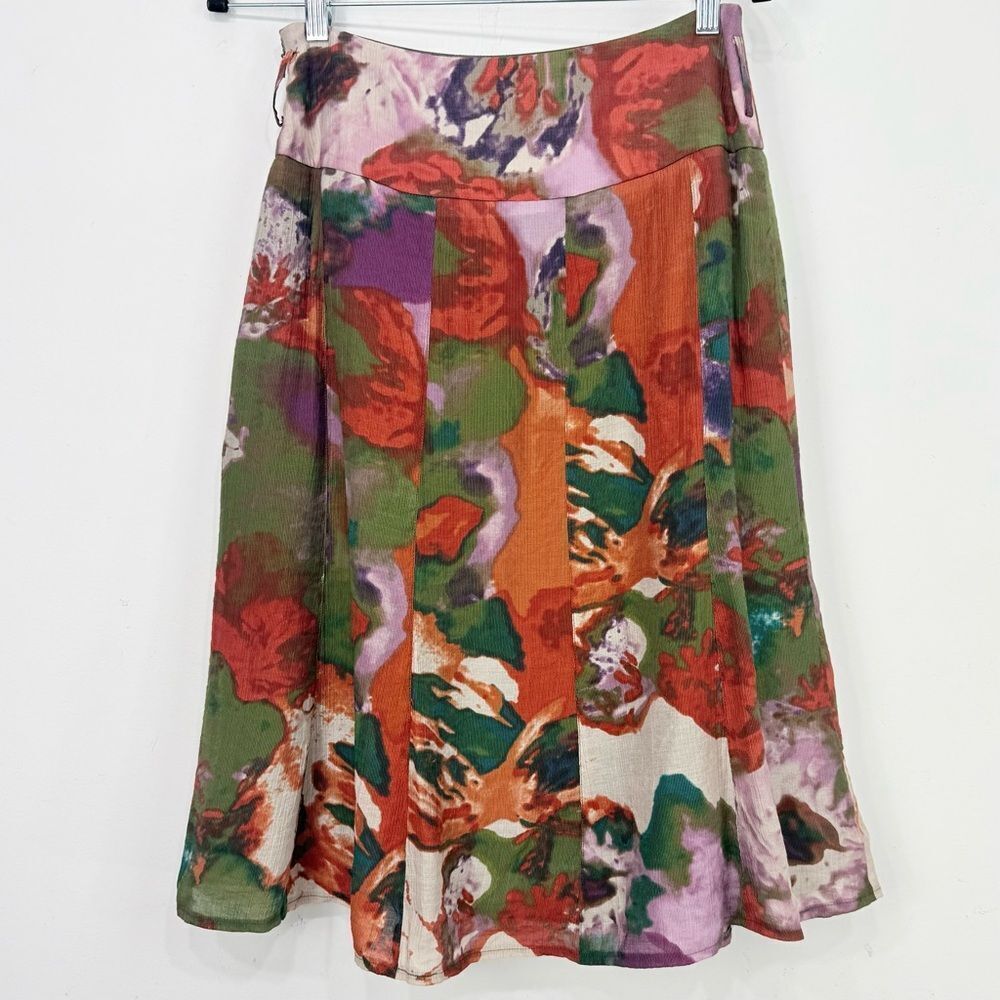 Worthington Green Orange Purple Watercolor Floral A Line Panel Midi Skirt